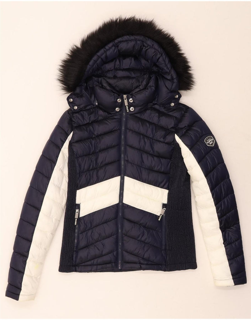 SUPERDRY Womens Hooded Padded Jacket UK 12 Medium Navy Blue Colourblock Vintage Superdry and Second-Hand Superdry from Messina Hembry 