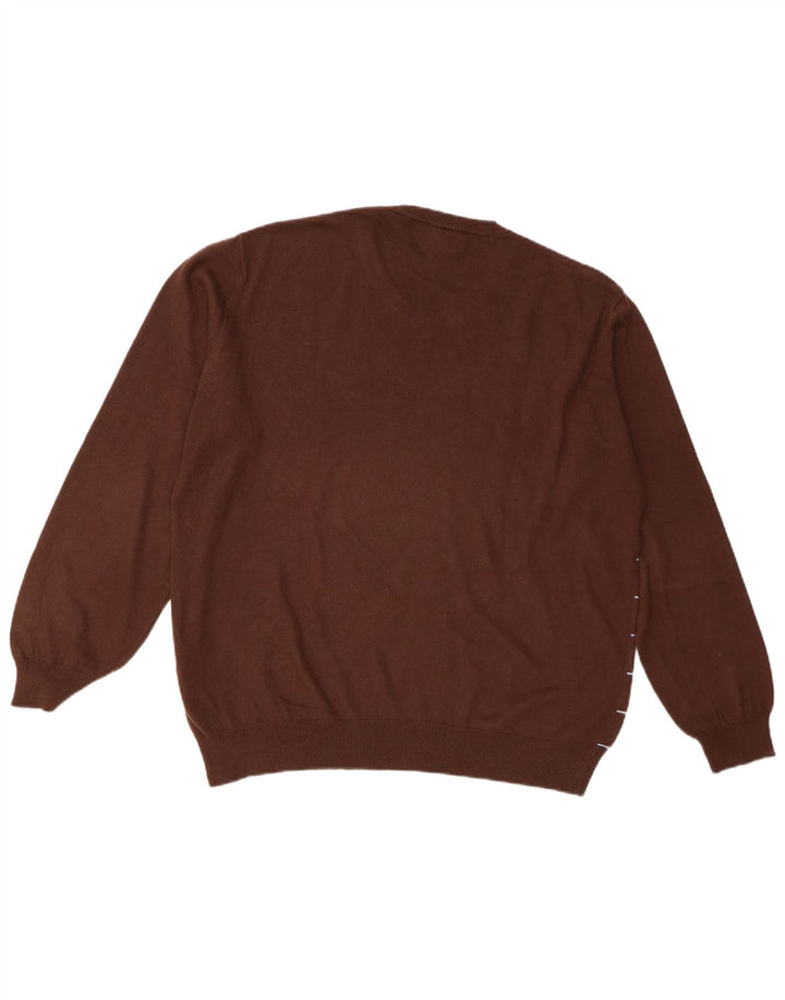 Marlboro Classics Mens V-Neck Jumper Sweater Large Brown Striped Cotton