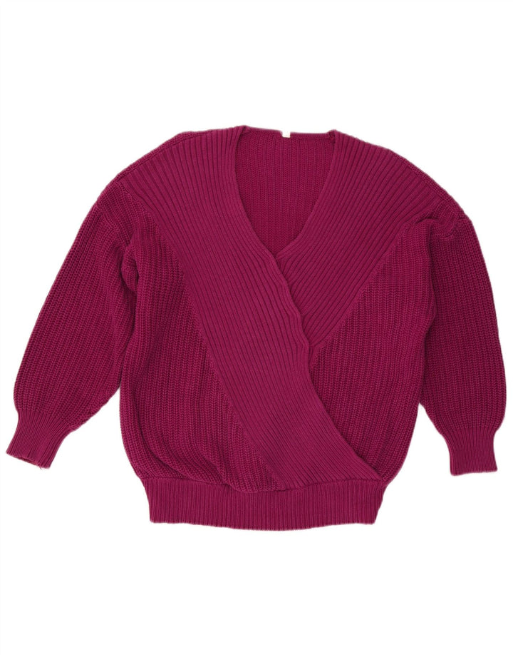VINTAGE Womens Oversized V-Neck Jumper Sweater EU 40 Medium Purple Cotton