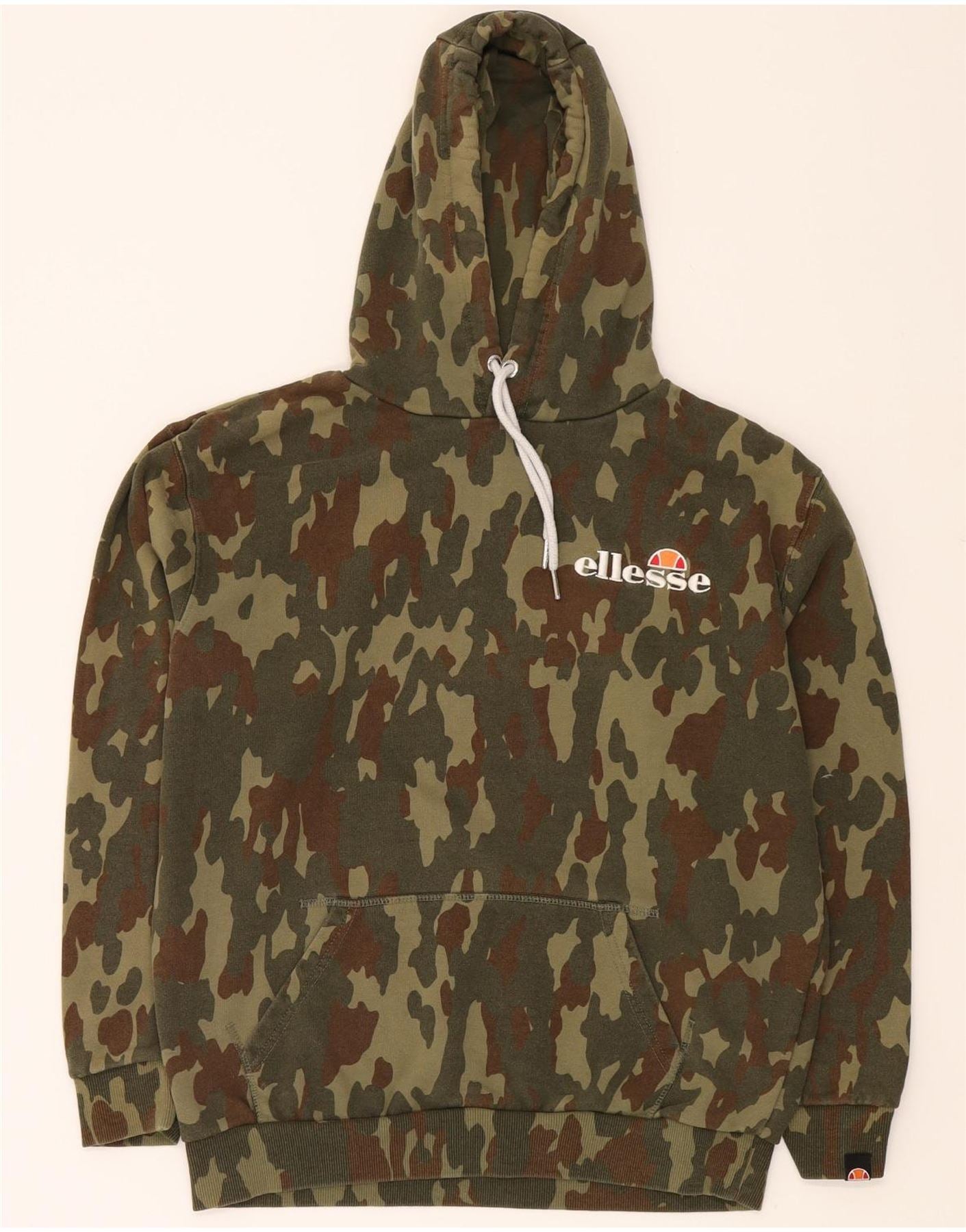 ELLESSE Mens Oversized Hoodie Jumper Small Khaki Camouflage Cotton