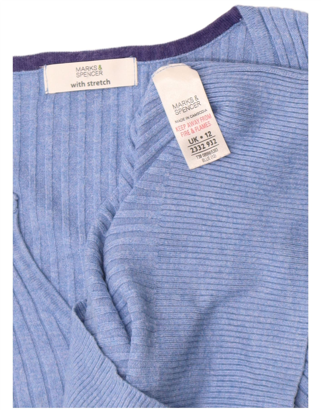 Marks & Spencer Womens Short Sleeve V-Neck Jumper Sweater UK 12 Medium Blue