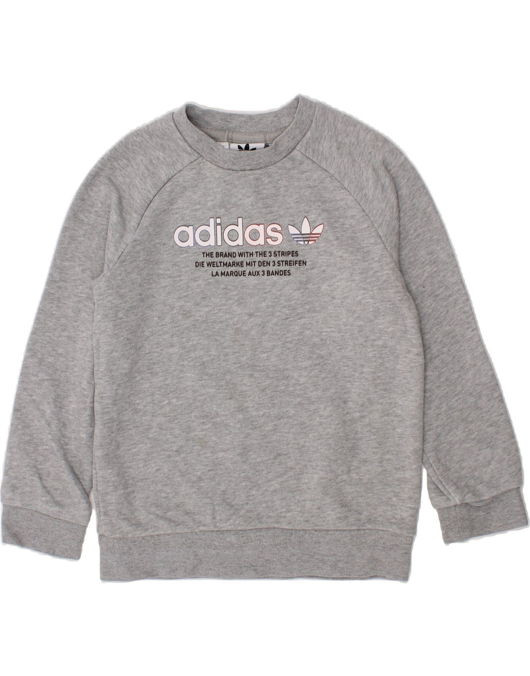 ADIDAS Boys Graphic Sweatshirt Jumper 4-5 Years Grey Cotton Vintage Adidas and Second-Hand Adidas from Messina Hembry 