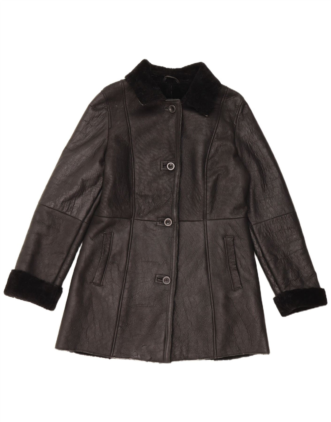 Vintage Womens Shearling Coat EU 40 Medium Black Leather