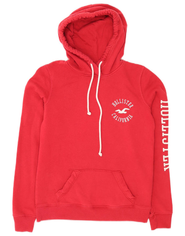 Hollister Womens Graphic Relaxed Fit Hoodie Jumper UK 4 XS Red Cotton