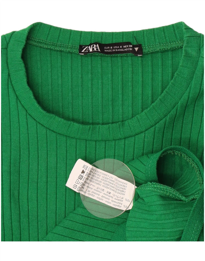 Zara Womens Crop Top Long Sleeve UK 8 Small Green Cotton