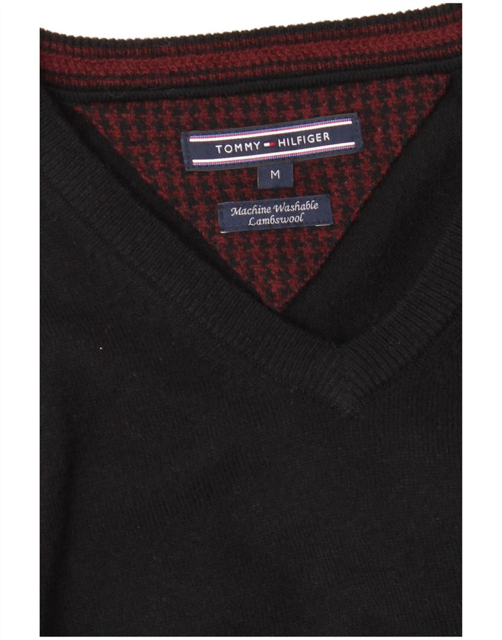 TOMMY HILFIGER Mens V-Neck Jumper Sweater Medium Black Lambswool