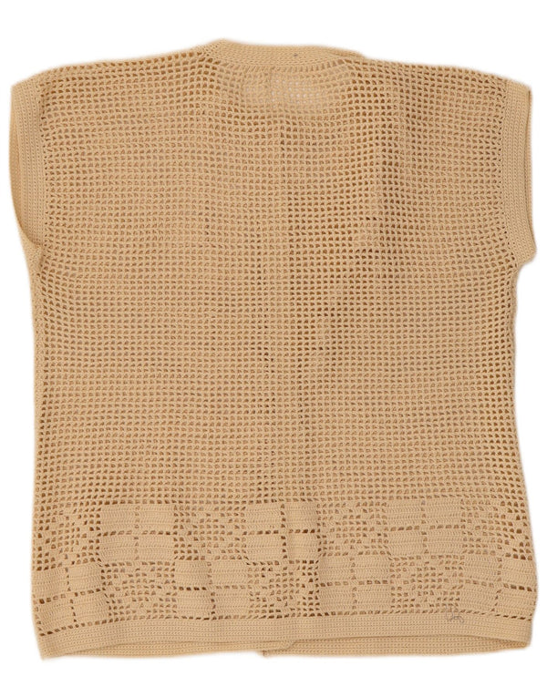 Vintage Womens Short Sleeve Cardigan Sweater UK 14 Medium Beige Geometric
