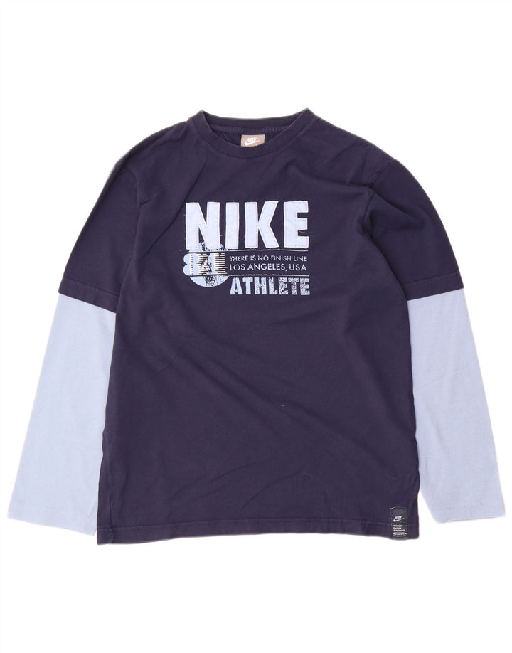 Nike Boys Graphic Top Long Sleeve 13-14 Years XL Navy Blue Colourblock