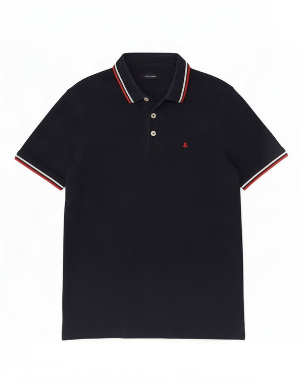 Jack & Jones Mens Polo Shirt Medium Navy Blue Striped Cotton