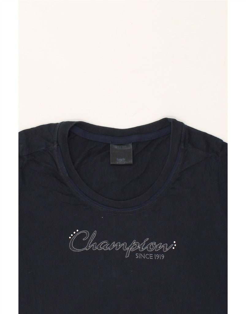 CHAMPION Womens Easy Fit Graphic T-Shirt Top UK 14 Medium Navy Blue Cotton Vintage Champion and Second-Hand Champion from Messina Hembry 