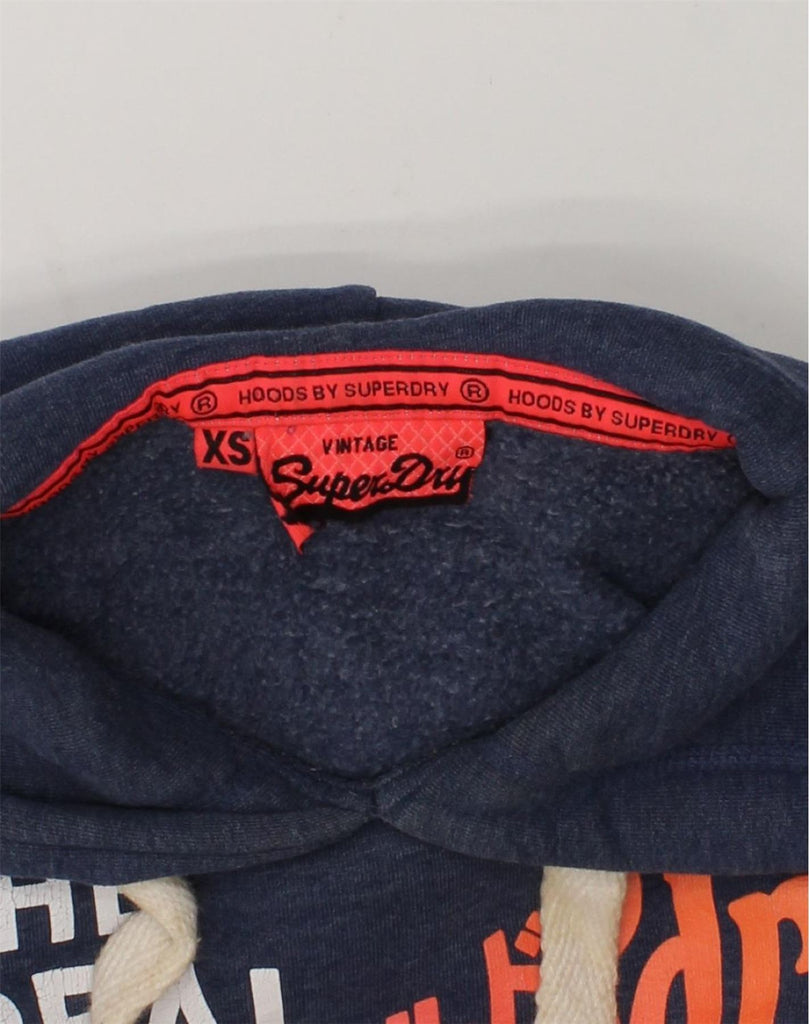 SUPERDRY Womens Graphic Hoodie Jumper UK 6 XS Navy Blue Cotton | Vintage Superdry | Thrift | Second-Hand Superdry | Used Clothing | Messina Hembry 