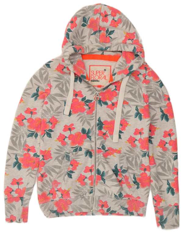 Superdry Womens Zip Hoodie Sweater UK 14 Medium Grey Floral Cotton