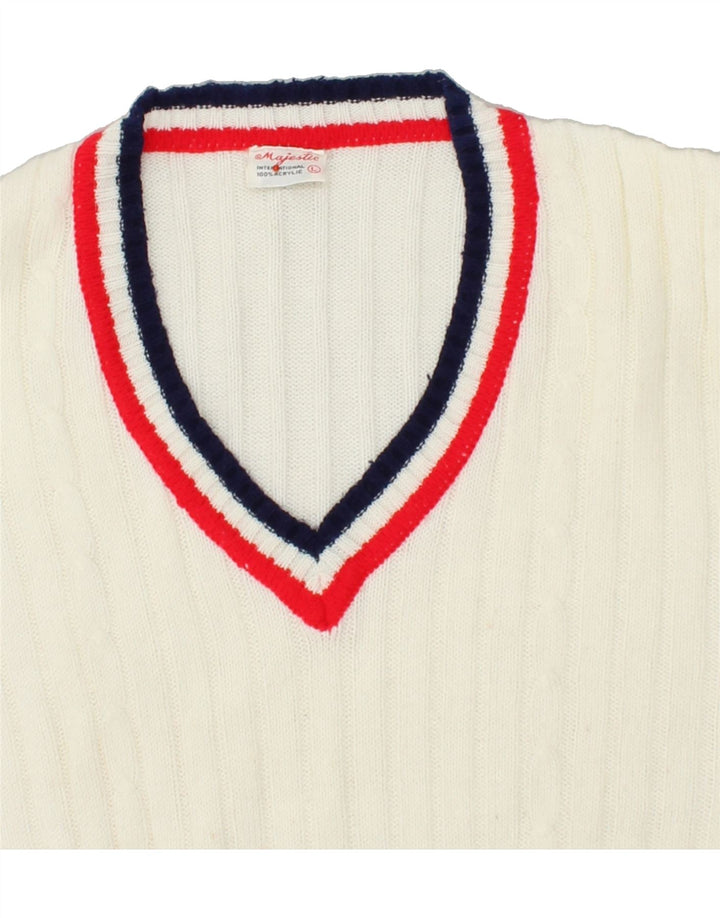 MAJESTIC Mens V-Neck Jumper Sweater Large Off White Acrylic