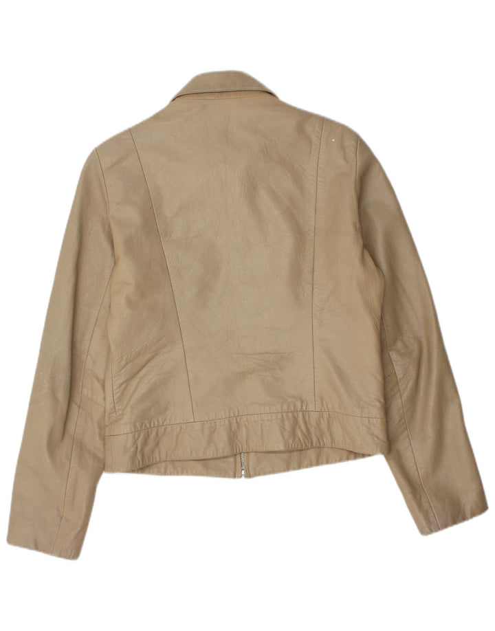 Zara Womens Crop Leather Jacket UK 14 Large Beige Leather
