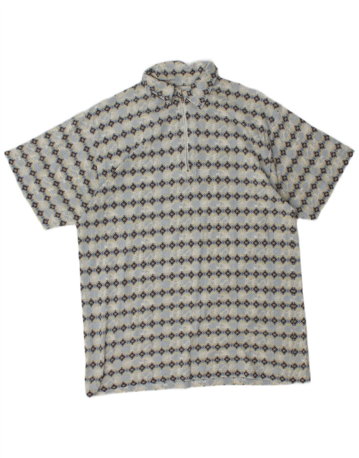 SAVVY Mens Zip Neck Polo Shirt Medium Blue Argyle/Diamond Cotton