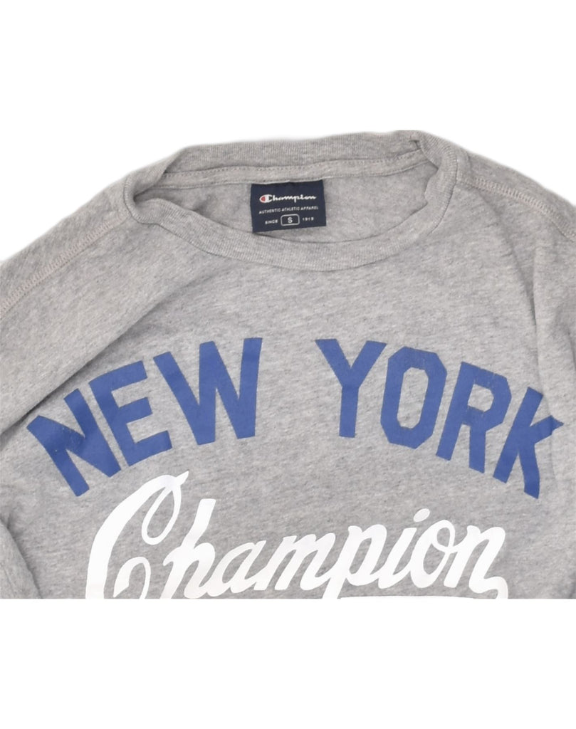 CHAMPION Mens New York Graphic Top Long Sleeve Small Grey Cotton | Vintage Champion | Thrift | Second-Hand Champion | Used Clothing | Messina Hembry 