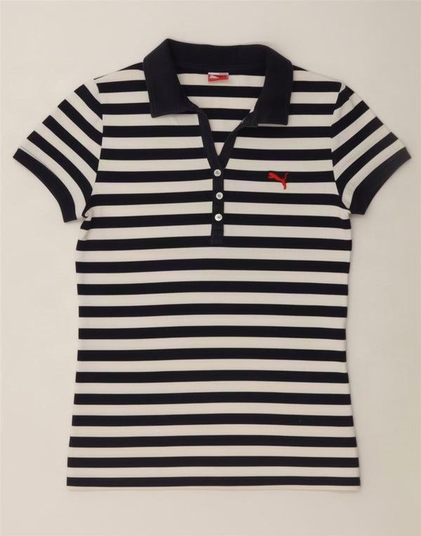 Puma Womens Polo Shirt UK 10 Small White Striped Cotton