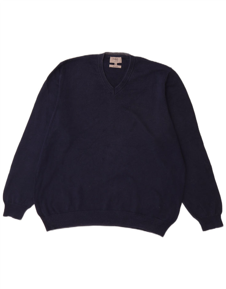 Marks & Spencer Mens V-Neck Jumper Sweater XL Navy Blue Cotton