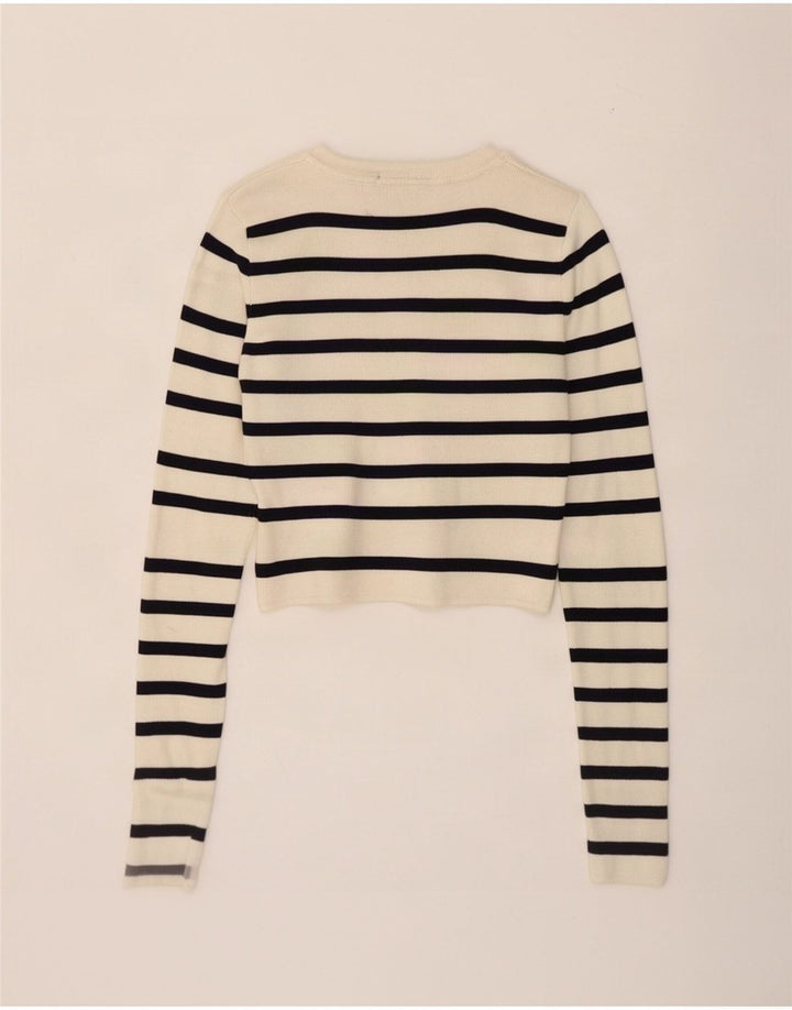 Zara Womens Crop Blouse Top UK 8 Small Off White Striped Viscose