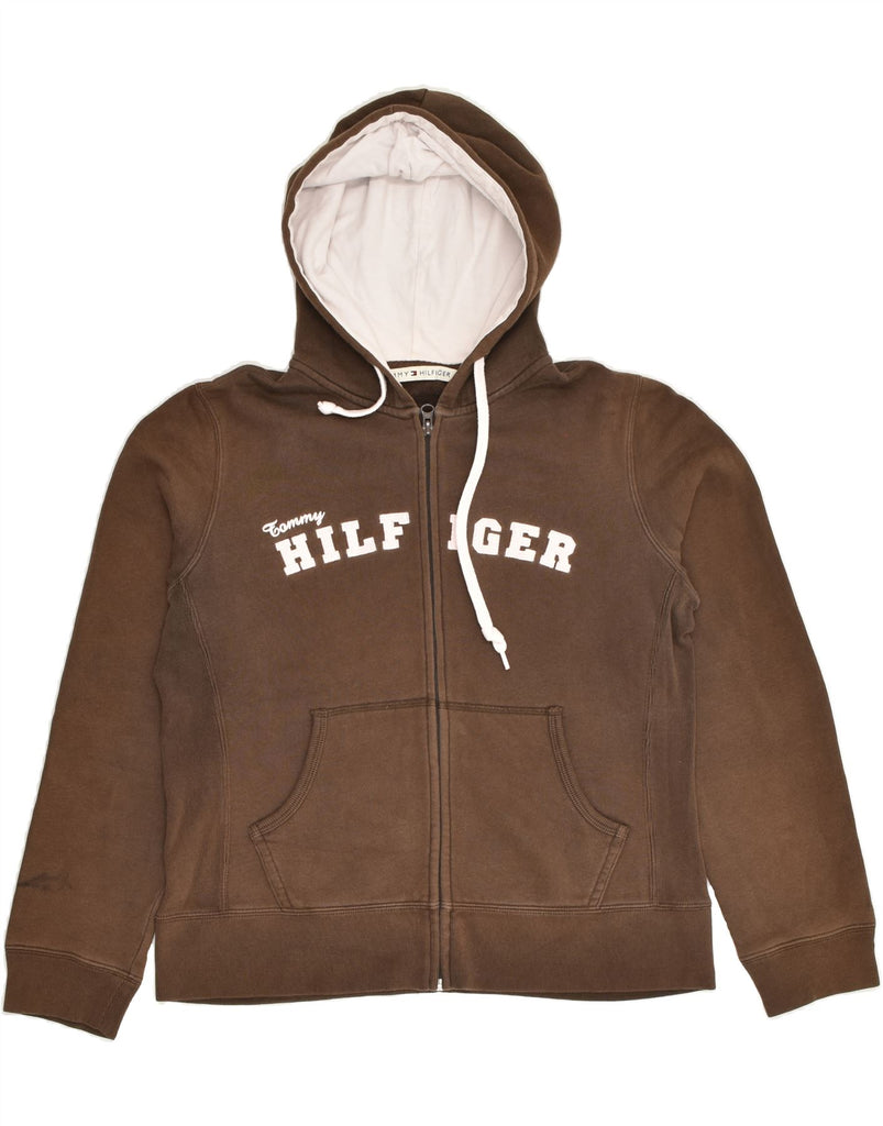 TOMMY HILFIGER Womens Graphic Zip Hoodie Sweater UK 14 Medium Brown Cotton | Vintage Tommy Hilfiger | Thrift | Second-Hand Tommy Hilfiger | Used Clothing | Messina Hembry 