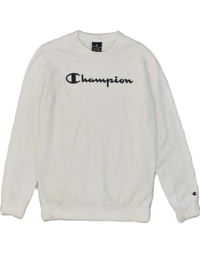 CHAMPION Girls Graphic Sweatshirt Jumper 13-14 Years White Cotton | Vintage Champion | Thrift | Second-Hand Champion | Used Clothing | Messina Hembry 