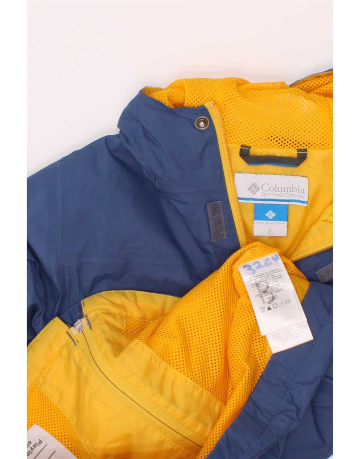 Columbia Boys Hooded Rain Jacket 7-8 Years Small Blue Colourblock Nylon
