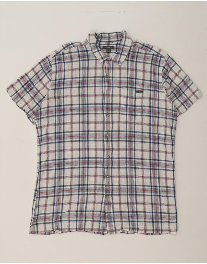 EDDIE BAUER Mens Short Sleeve Shirt Large White Check Linen Vintage Eddie Bauer and Second-Hand Eddie Bauer from Messina Hembry 