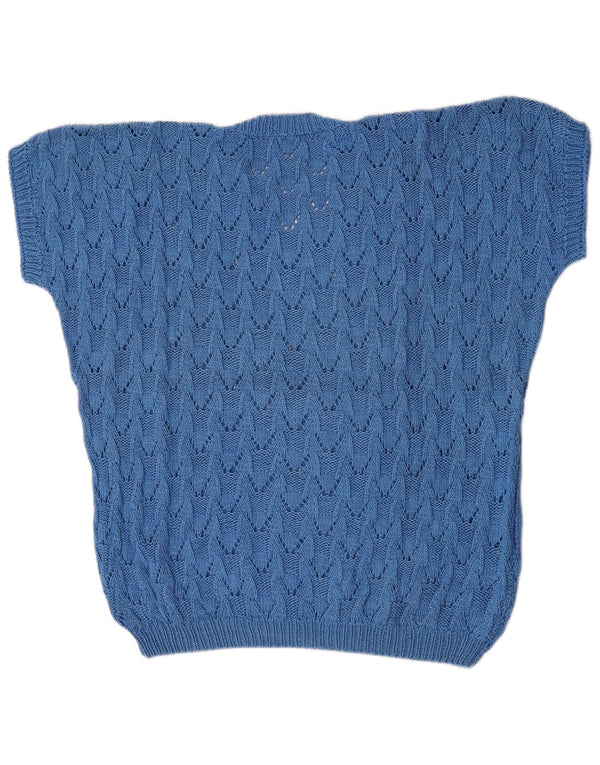 Vintage Womens Short Sleeve V-Neck Jumper Sweater UK 20 2XL Blue