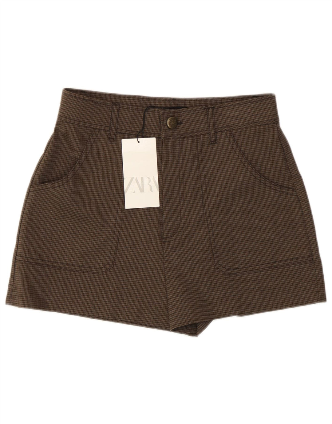 Zara Womens High Waist Casual Shorts Small W26 Brown Houndstooth Polyester