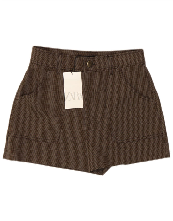 Zara Womens High Waist Casual Shorts Small W26 Brown Houndstooth Polyester