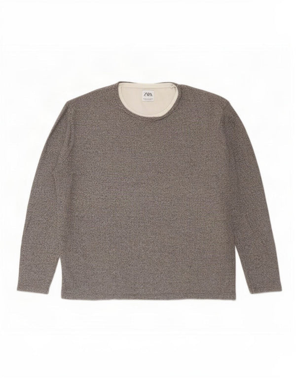 Zara Mens Crew Neck Jumper Sweater XL Grey Flecked Cotton
