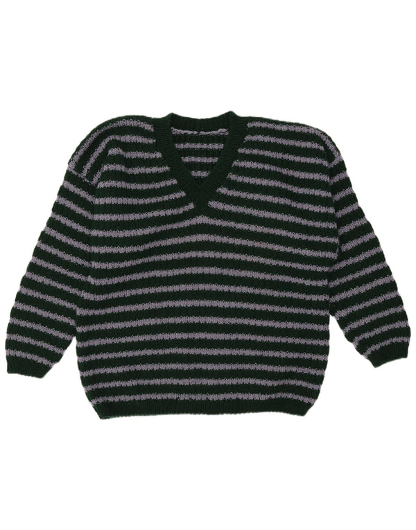 Vintage Mens V-Neck Jumper Sweater Medium Green Striped