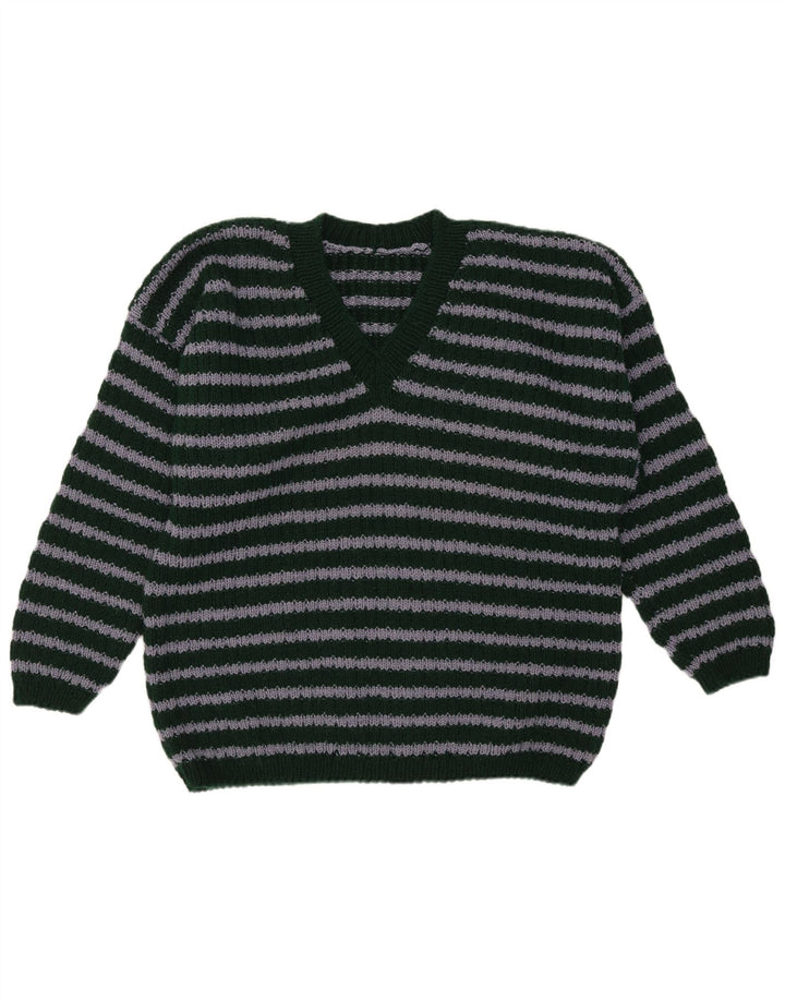 Vintage Mens V-Neck Jumper Sweater Medium Green Striped