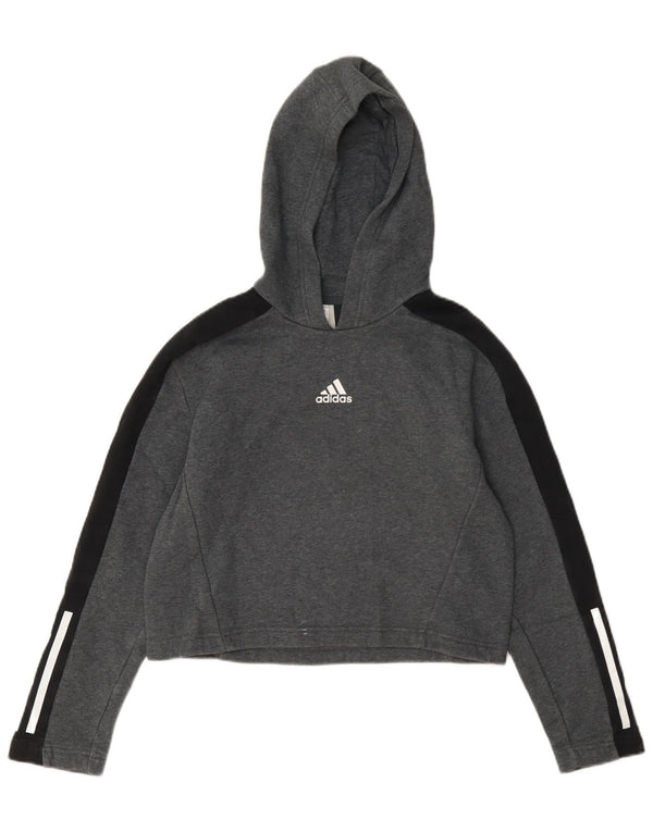Adidas Girls Crop Hoodie Jumper 11-12 Years Grey Colourblock Cotton