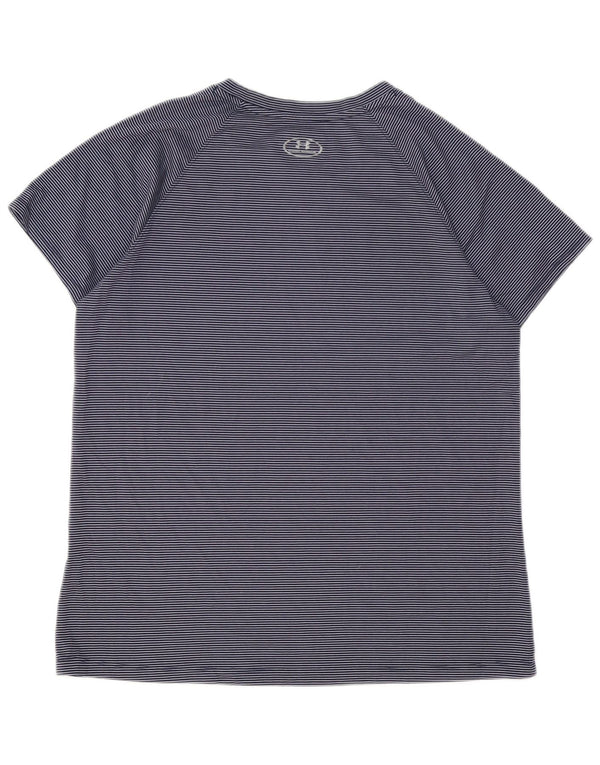 UNDER ARMOUR Womens Heat Gear T-Shirt Top UK 16 Large Navy Blue Pinstripe