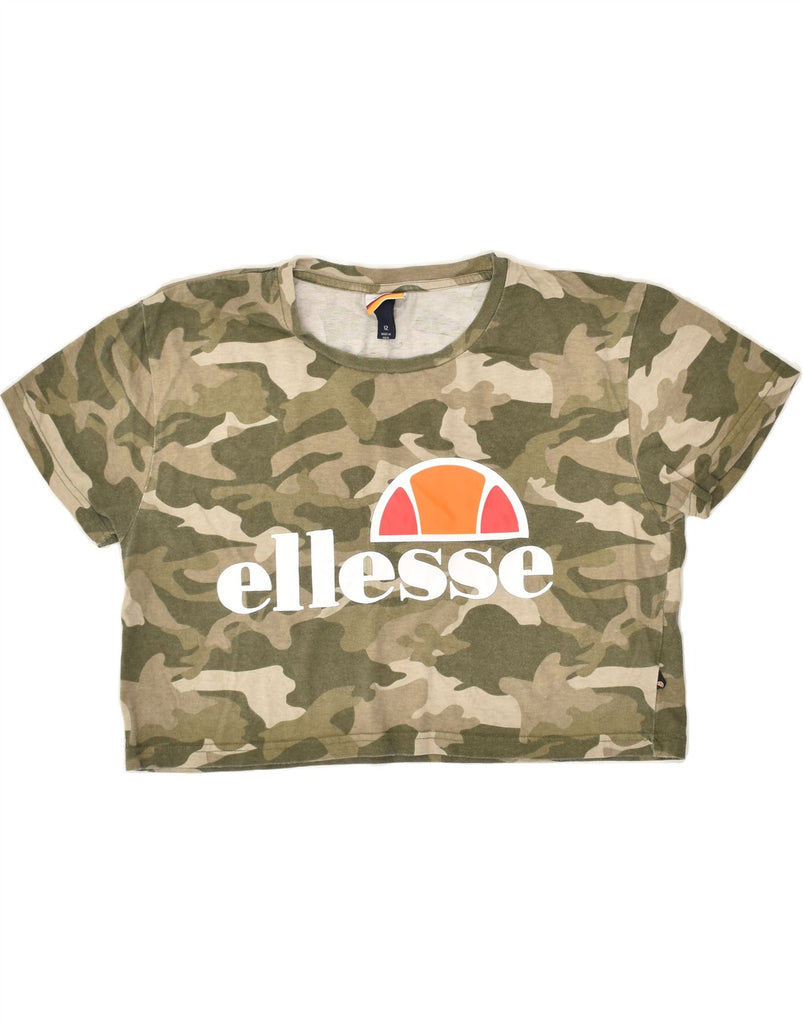 ELLESSE Womens Graphic Crop Top US 12 Large Khaki Camouflage Cotton | Vintage Ellesse | Thrift | Second-Hand Ellesse | Used Clothing | Messina Hembry 