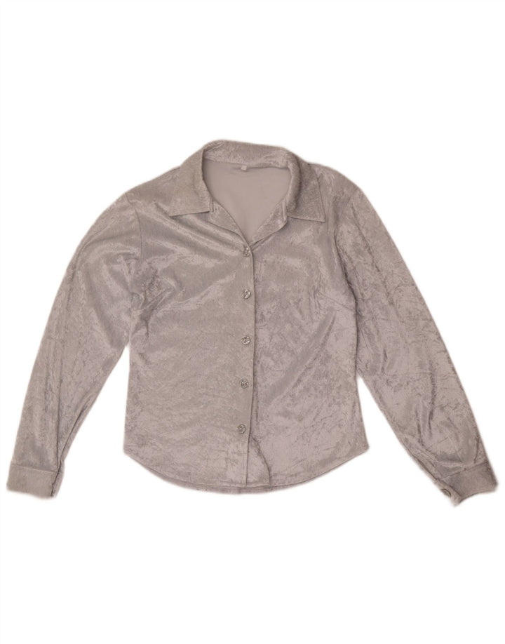 Vintage Womens Velour Shirt Blouse UK 12 Medium Grey Polyester