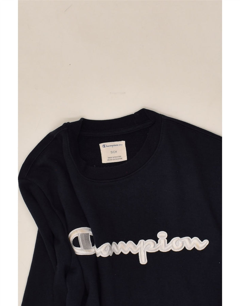 CHAMPION Mens Graphic Sweatshirt Jumper Small Navy Blue Cotton | Vintage Champion | Thrift | Second-Hand Champion | Used Clothing | Messina Hembry 