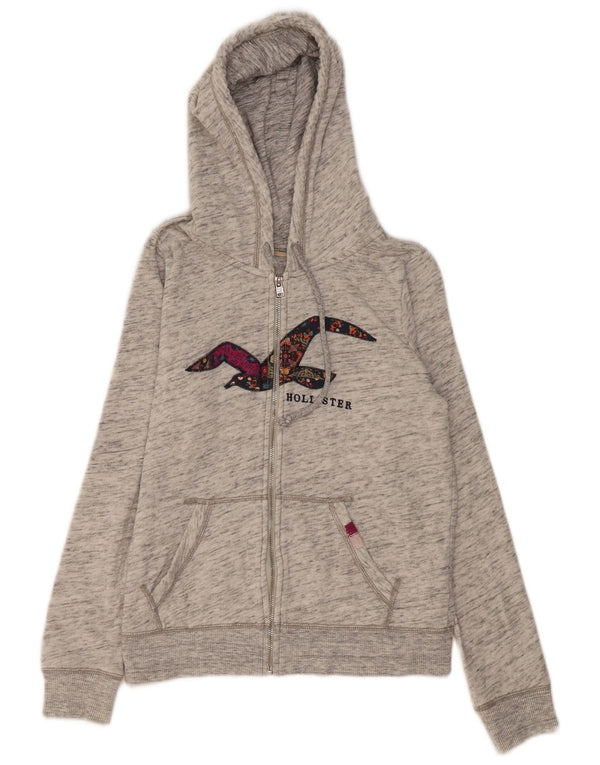 Hollister Womens Graphic Zip Hoodie Sweater UK 16 Large Grey Flecked Cotton