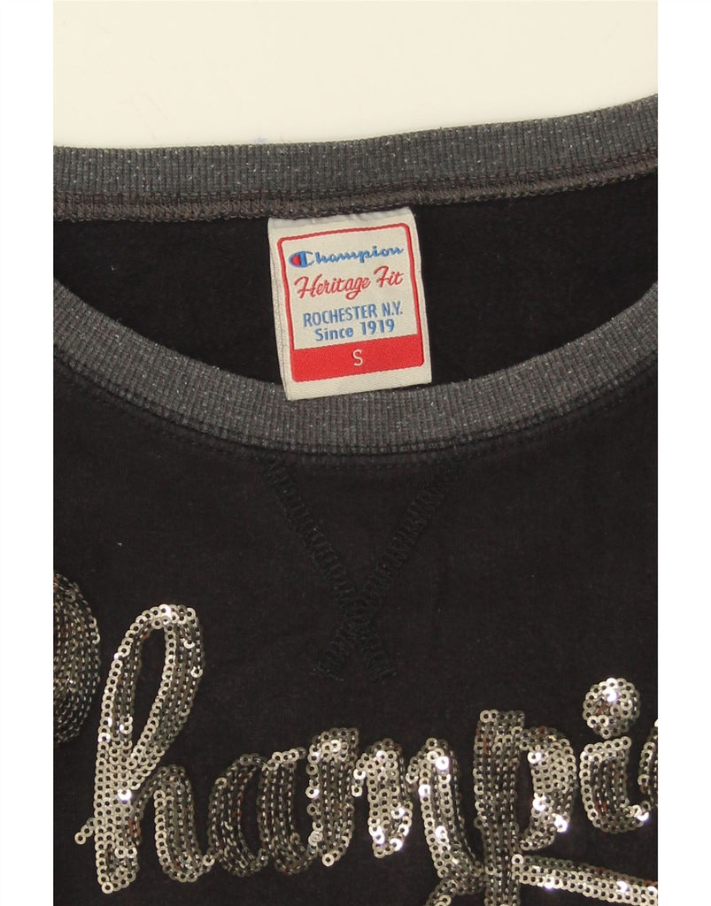 CHAMPION Womens Longline Graphic Sweatshirt Jumper UK 10 Small Black Vintage Champion and Second-Hand Champion from Messina Hembry 