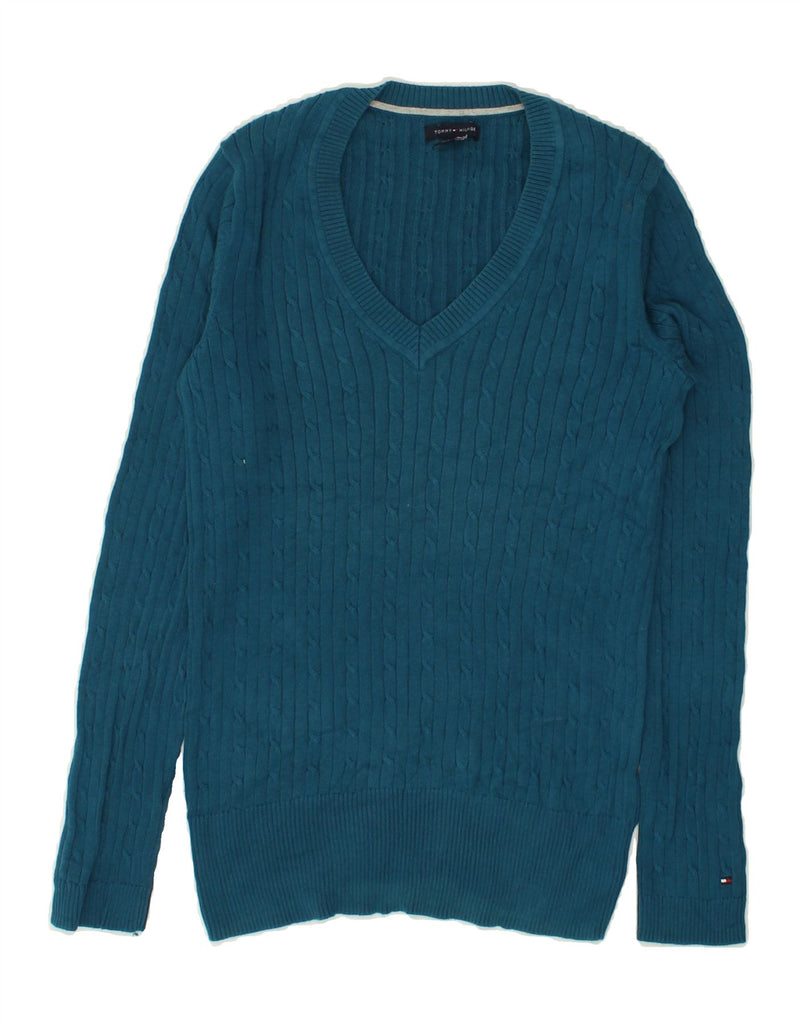 TOMMY HILFIGER Womens V-Neck Jumper Sweater UK 12 Medium Blue Cotton | Vintage Tommy Hilfiger | Thrift | Second-Hand Tommy Hilfiger | Used Clothing | Messina Hembry 