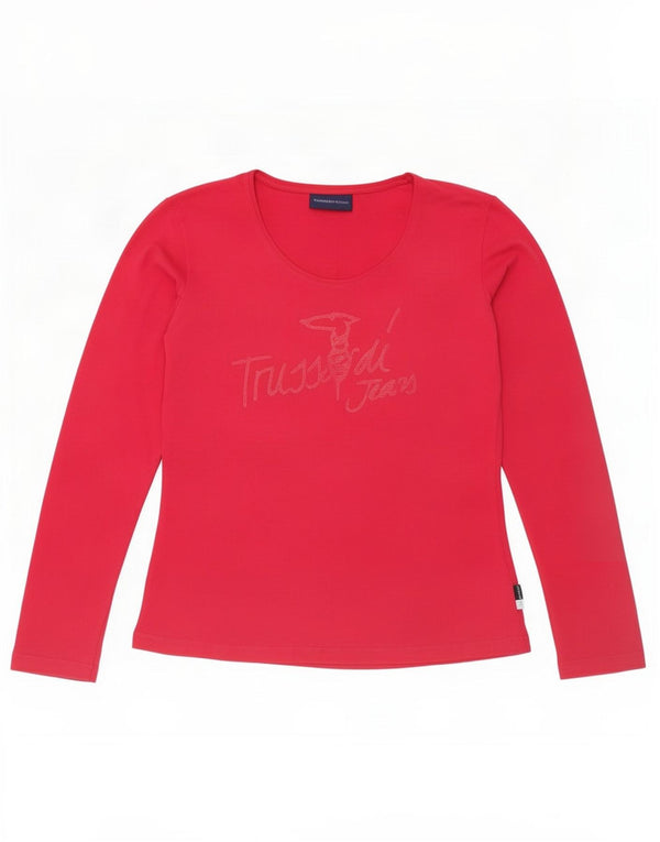 Trussardi Jeans Womens Oversized Graphic Top Long Sleeve UK 10 Small Pink