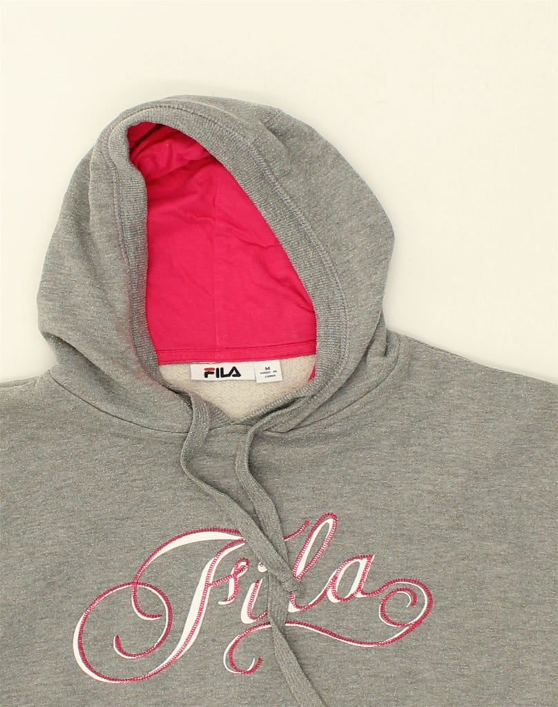 FILA Womens Graphic Hoodie Jumper UK 14 Medium Grey Cotton | Vintage Fila | Thrift | Second-Hand Fila | Used Clothing | Messina Hembry 