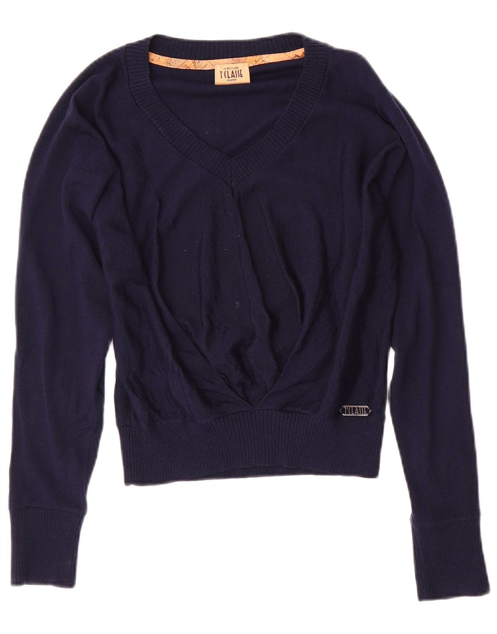 ALVIERO MARTINI Womens Crop V-Neck Jumper Sweater IT 40 Small Navy Blue
