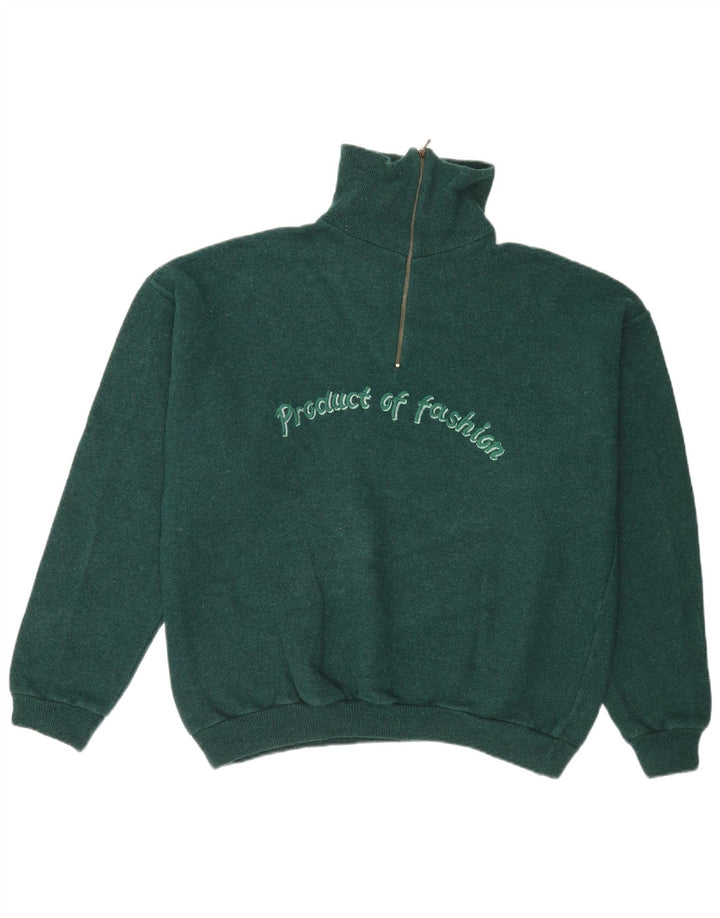 Vintage Mens Graphic Zip Neck Jumper Sweater Large Green