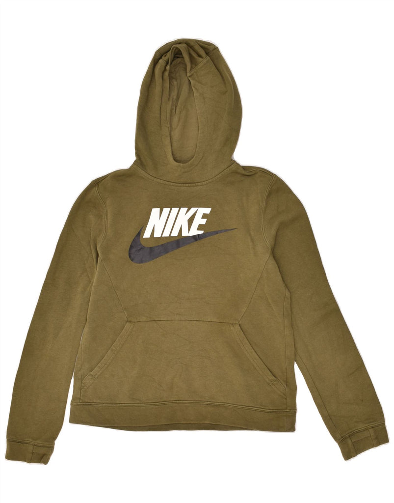 NIKE Boys Graphic Hoodie Jumper 12-13 Years Large Khaki Cotton | Vintage Nike | Thrift | Second-Hand Nike | Used Clothing | Messina Hembry 