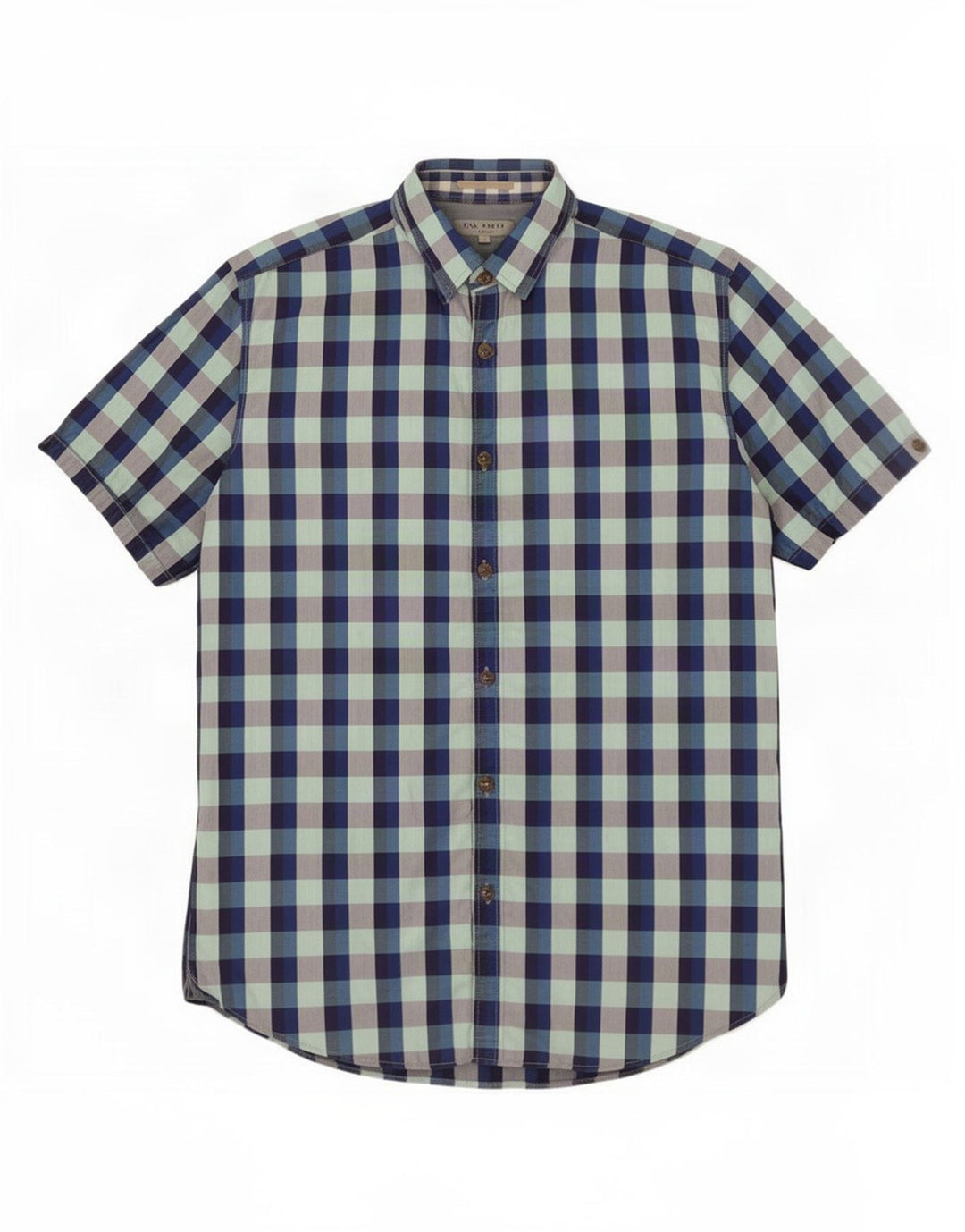Ted Baker Mens Short Sleeve Shirt Size 4 Large Blue Gingham Cotton