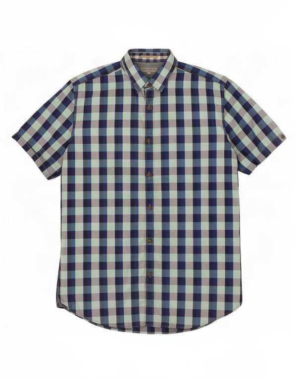 Ted Baker Mens Short Sleeve Shirt Size 4 Large Blue Gingham Cotton