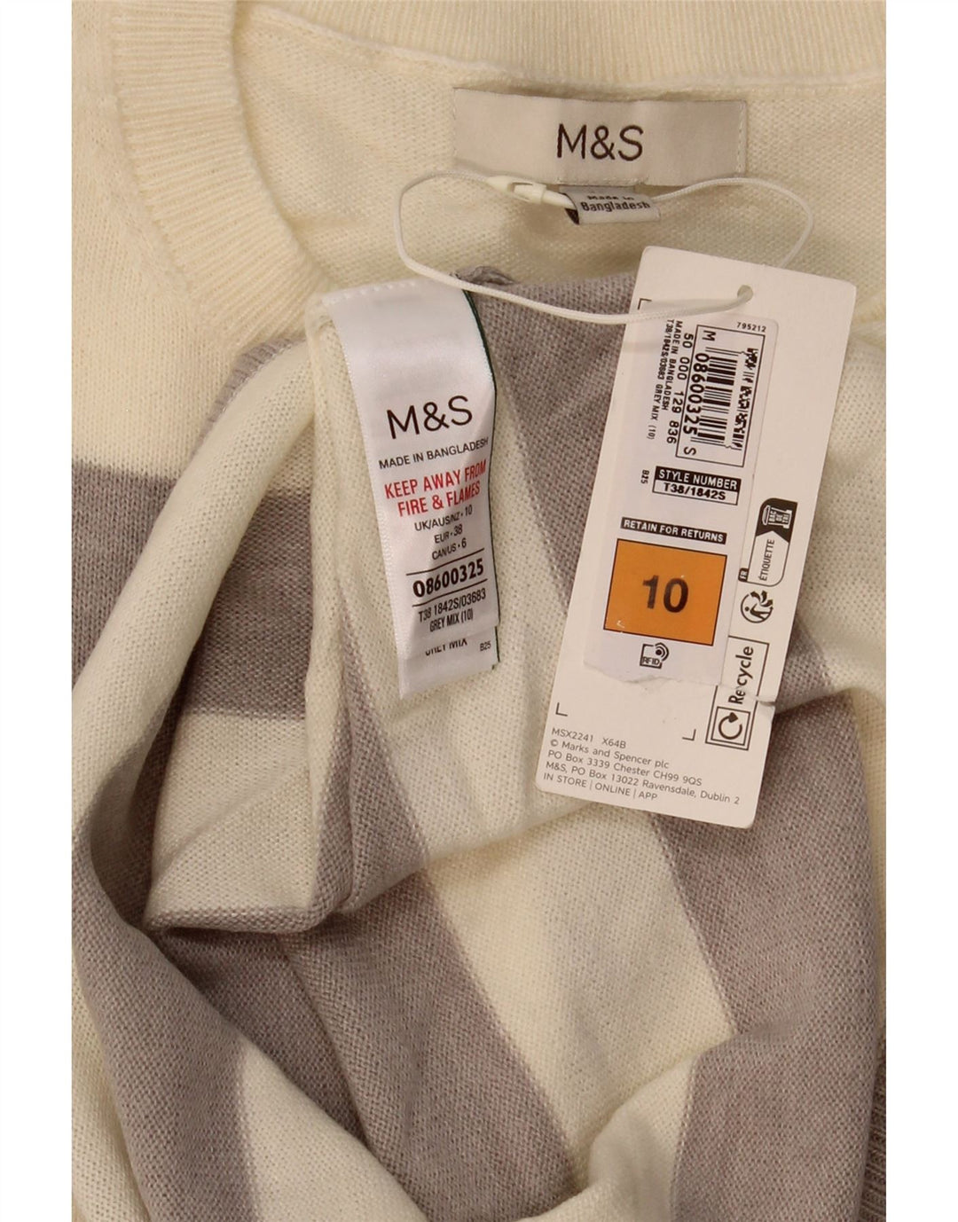 Marks & Spencer Womens Crew Neck Jumper Sweater UK 10 Small Beige Striped