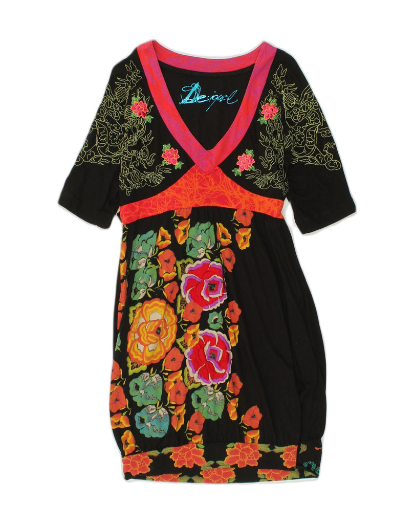 DESIGUAL Womens Empire Dress UK 14 Large Black Floral Viscose | Vintage Desigual | Thrift | Second-Hand Desigual | Used Clothing | Messina Hembry 